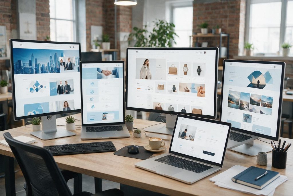 Multiple monitors showing different types of websites.